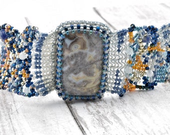 Free Form Peyote Beaded Bracelet, Ocean Jasper Cabochon, seed beads, crystals, adjustable bracelet, Handmade jewelry, Made in Colorado