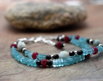 Blue two strand Bracelet, Apatite, Ruby, Black Crystals, Silver Spacers, Adjustable fit, Lobster Claw Clasp, Handmade in Colorado, Unique.