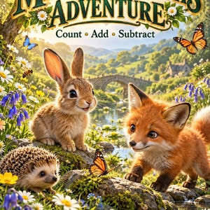 May include: A Meadow Maths Adventure game box cover featuring a brown rabbit, a red fox, and a hedgehog in a lush landscape with a stone bridge, bluebells, daisies, butterflies, and a bee. The text reads Meadow Maths Adventure Count Add Subtract.