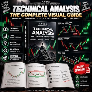 Könnte beinhalten: Ein visuelles Handbuch zur technischen Analyse mit schwarzem Einband, Bergmotiv und Börsengrafiken. Die aufgeschlagenen Seiten zeigen Diagramme zu Chartmustern, Unterstützung und Widerstand sowie Strategien zum Risikomanagement.