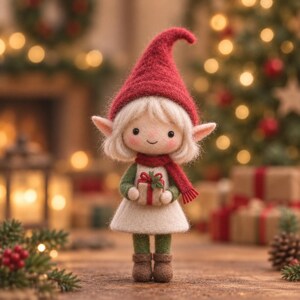 May include: A needle-felted elf figurine with pale hair, a tall red pointed hat, and a red scarf. The elf wears a green long-sleeved top and a cream-colored skirt, holding a small gift box wrapped in brown paper with a red ribbon and green bow.