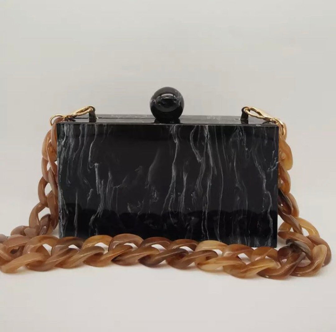 CHANEL Black Perspex Lucite Minaudiere Clutch / Chain Wristlet Collectors