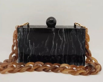 Black marble acrylic clutch with acrylic chain, Evening clutch, Party clutch