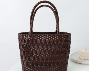 Genuine cowhide leather weaving shopper bag, Chocolate brown leather weaving bag, Hand woven geometrical hollow out weaving shoulder bag