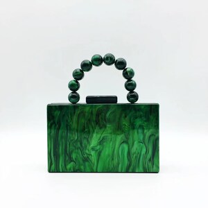 Emerald green acrylic tote bag with the ball strap, Emerald acrylic clutch, Vintage-inpired tote bag with the metal chain, Bridal clutch image 2