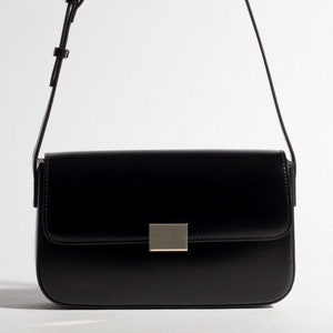 Genuine cowhide leather rectangular shoulder bag, Black leather shoulder bag, Black leather shoulder bag, Mini shoulder bag
