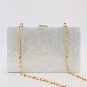 Pearl white acrylic clutch with the metal chain, Bridal wedding clutch, Evening clutch, Party clutch, Minimalist clutch