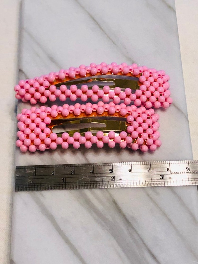 Set of 2 Pink Seed Bead Hair Barrette Handmade Hairpin Hand Etsy