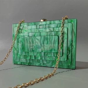 Emerald green marble acrylic clutch, Pearlescent emerald green , 3D Stair cut out acrylic clutch, Tortoise shell clutch, Evening clutch