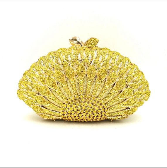 Crystal evening party clutch Feather pattern crystal rhinestone clutch Wedding clutch Feather motive yellow crystal rhinestone clutch