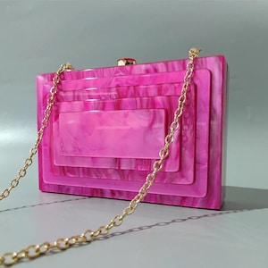 Fuchsia pink acrylic clutch, Pearlescent pink acrylic clutch, 3D Stair cut out acrylic clutch, Tortoise shell clutch, Bridal clutch