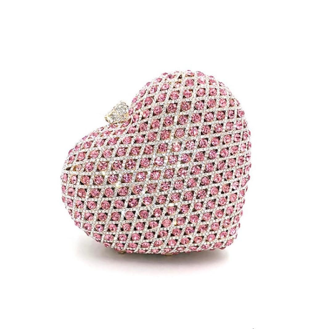 Bridal Wedding Clutch, Heart Shape Pink Crystal Rhinestone Clutch