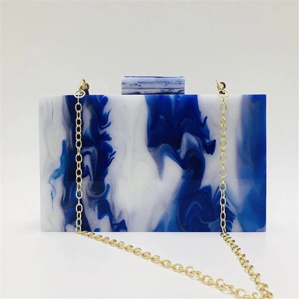 Royal blue ink marble pattern acrylic clutch with the metal chain, Evening clutch, Party clutch, Zen style clutch