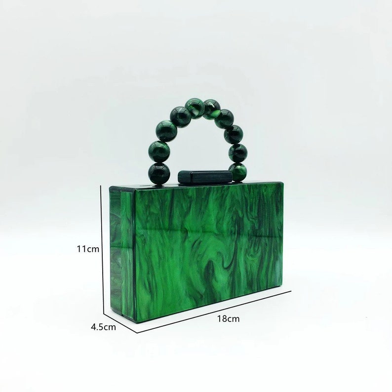 Emerald green acrylic tote bag with the ball strap, Emerald acrylic clutch, Vintage-inpired tote bag with the metal chain, Bridal clutch image 9