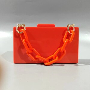 Solid orange clutch with the acrylic chain, Plain orange acrylic clutch, Bridal wedding clutch, Baby shower clutch, Minimalist clutch