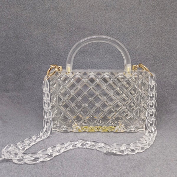 TOP A+++ Lucite Diamond Cut Rectanglar Tote Bag avec la chaîne acrylique, sac fourre-tout transparent transparent, cadeau pour demoiselles d’honneur, sac de mariée