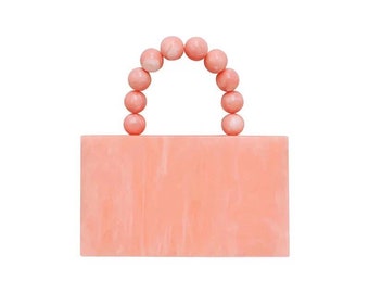 Peach acrylic tote bag with the ball strap, Peach pink acrylic clutch, Vintage-inpired tote bag with the metal chain, Bridal clutch