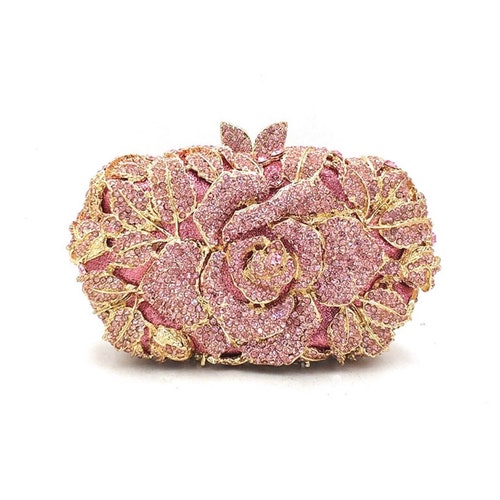 Bridal wedding clutch, Rose shops crystal rhinestone clutch, Pink crystal rhinestone floral clutch, Crystal evening clutch, Party clutch