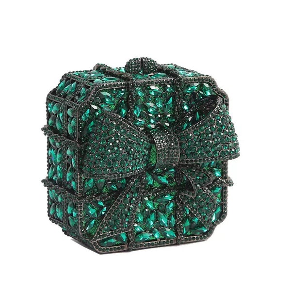 Bridal wedding purse, clutch, Big bow engraved crystal rhinestone square box clutch, Green ribbon crystal clutch, Green crystal clutch