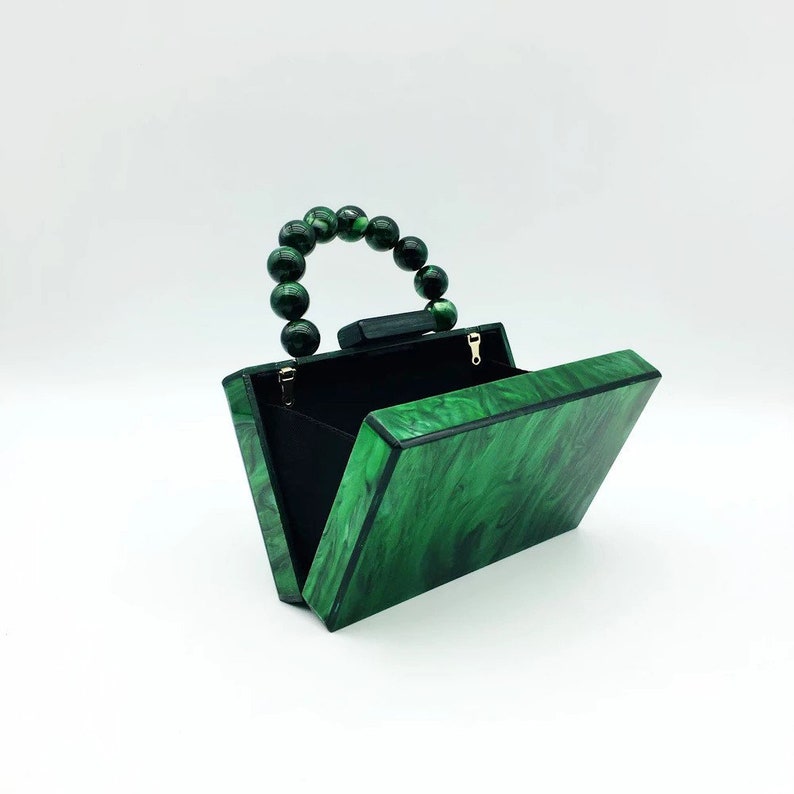 Emerald green acrylic tote bag with the ball strap, Emerald acrylic clutch, Vintage-inpired tote bag with the metal chain, Bridal clutch image 8