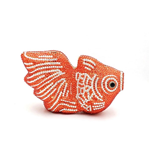 Lucky goldfish silver crystal clutch, Orange crystal clutch, Goldfish crystal clutch, Party clutch, Fish lover clutch