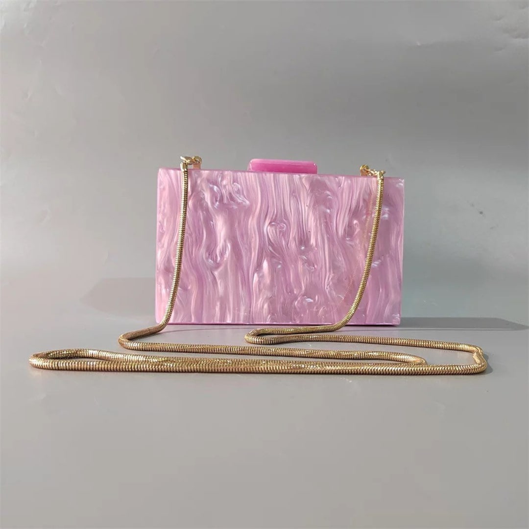 Pearl Pink Clutch With the Metal Chain, Pearlescent Pink Acrylic Clutch