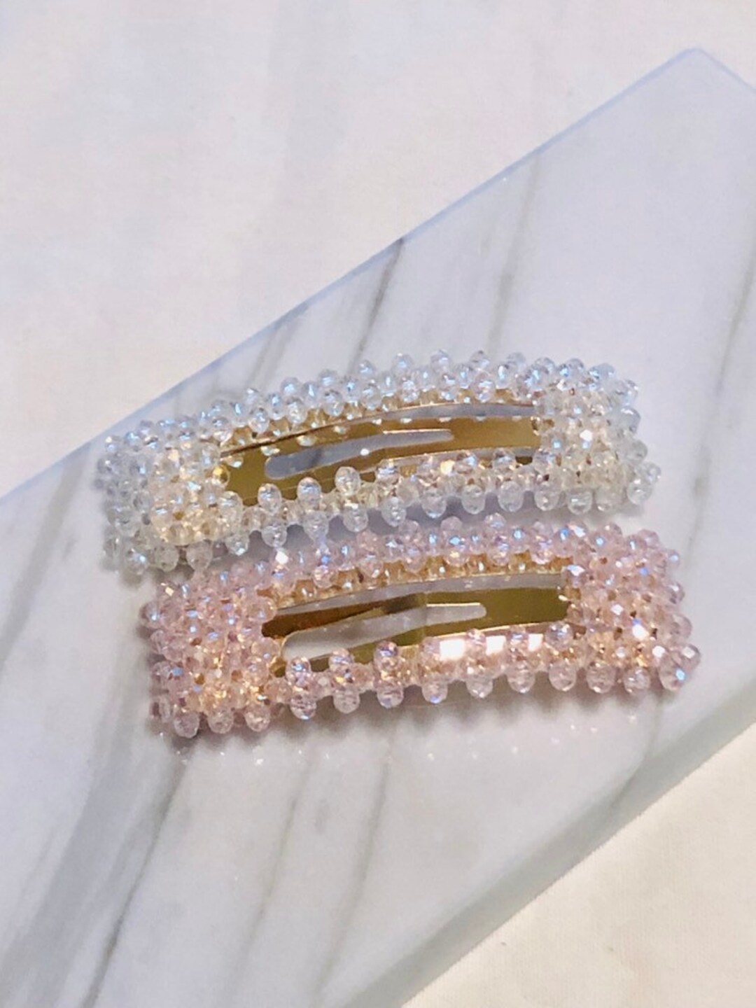 Set of 2 Crystal Bead Hair Barrettes, Handmade Hairpin, Hand Woven