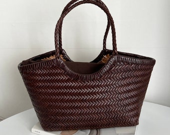 Genuine cowhide leather weaving shopper bag, Chocolate brown leather weaving bag, Hand woven weaving shoulder bag, Diagonal  weaving bag