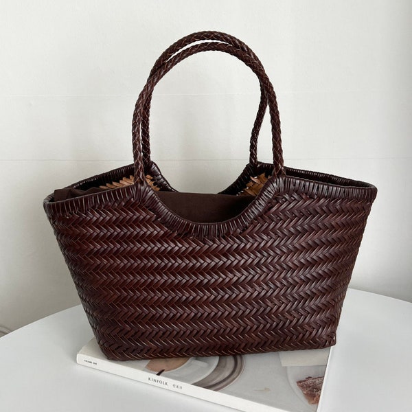 Genuine cowhide leather weaving shopper bag, Chocolate brown leather weaving bag, Hand woven weaving shoulder bag, Diagonal  weaving bag
