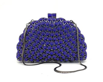 Pochette en strass en cristal motif plume paon, pochette en strass bleu nuit, pochette de mariage nuptiale, embrayage Party