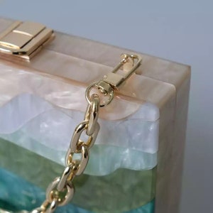 Mountain motive acrylic clutch, Champagne and green acrylic clutch, Bridal wedding clutch, Evening clutch, Party clutch zdjęcie 5