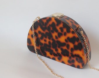 Tortoise Shell half moon Acrylic Clutch with the gold chain, Evening Clutch