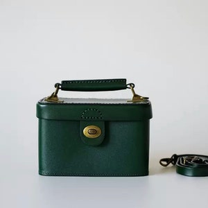 Genuine cowhide leather mini box bag, Mini leather crossbody bag, Vintage inspired leather bag, Minimal leather bag, Green leather bag