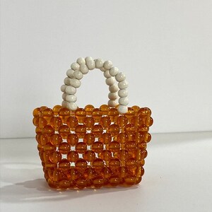 Amber brown and milk ball acrylic bead tote bag, Small size bead bag, Summer beaded bag