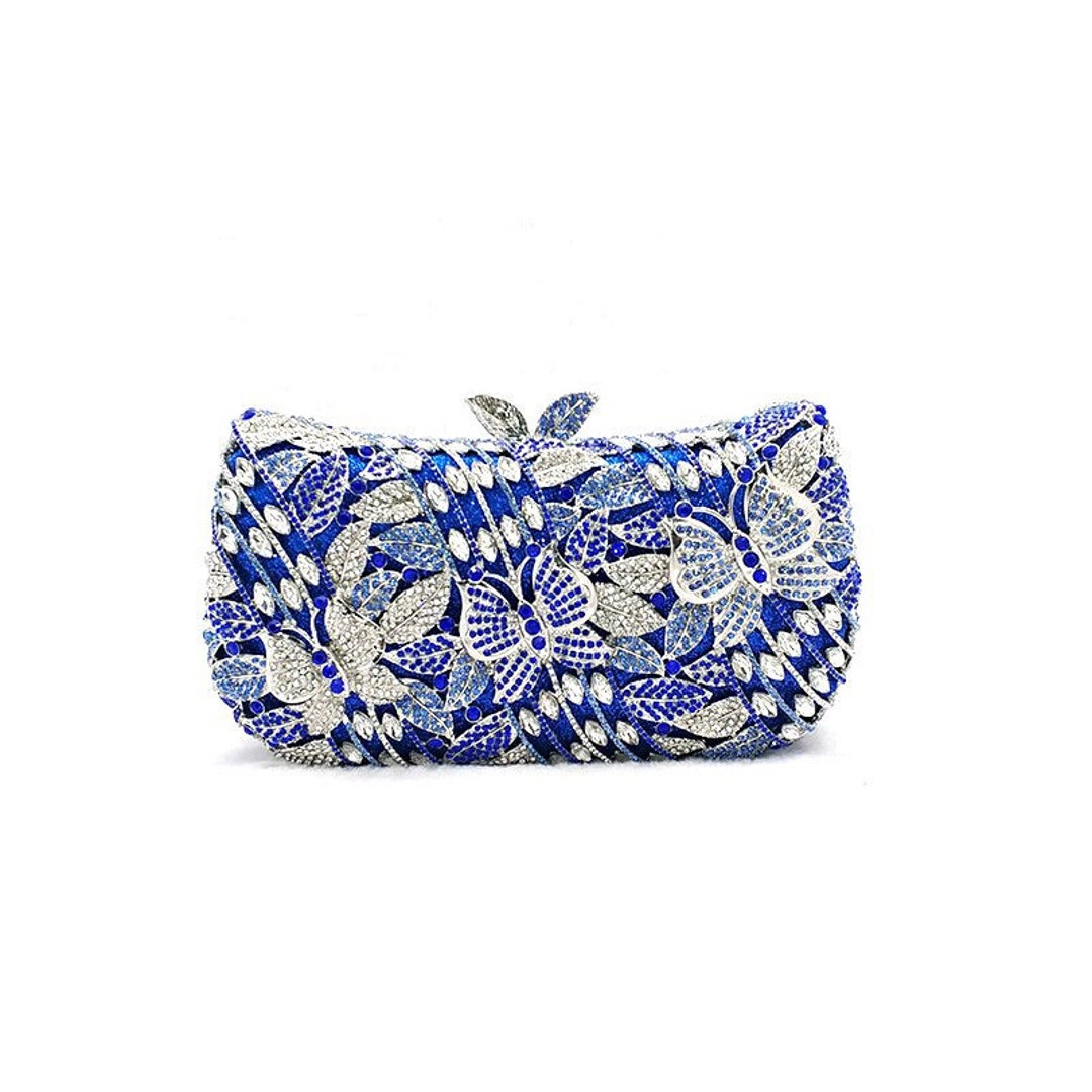 Butterfly Pattern Crystal Rhinestone Clutch, Blue and Silver Crystal