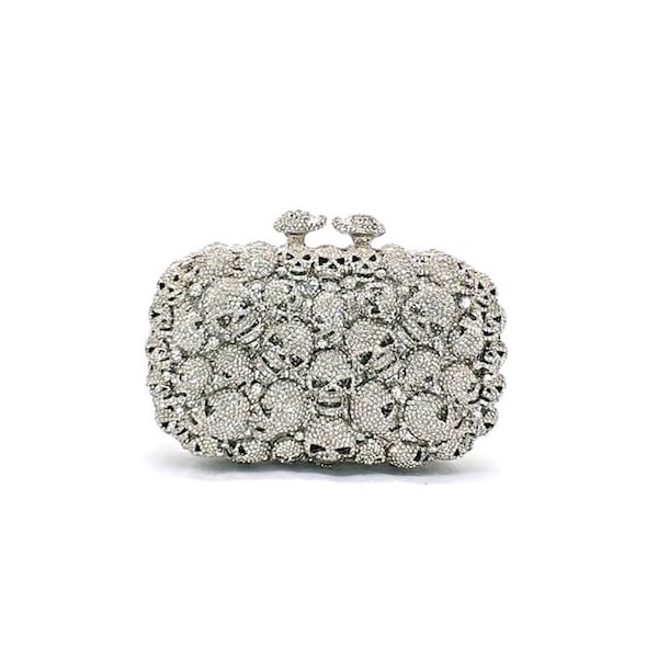 Funky skull hollow out silver crystal clutch, Silver crystal clutch in silver frame, Skull crystal clutch, Party clutch, Funky party clutch