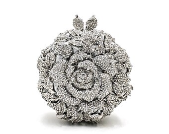 Bridal wedding clutch, Rose crystal rhinestone clutch, Silver crystal rhinestone floral clutch, Silver rose clutch, Crystal clutch