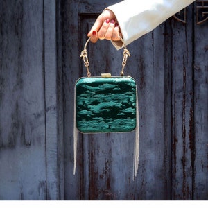 Cloud pattern velvet jacquard clutch, Green velvet silk clutch, Square green velvet clutch, Oriental silk clutch, Zen style clutch