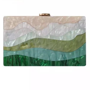 Mountain motive acrylic clutch, Champagne and green acrylic clutch, Bridal wedding clutch, Evening clutch, Party clutch zdjęcie 9