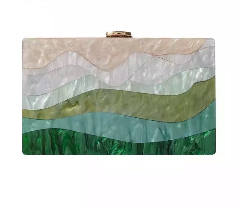 Mountain motive acrylic clutch, Champagne and green acrylic clutch, Bridal wedding clutch, Evening clutch, Party clutch zdjęcie 9