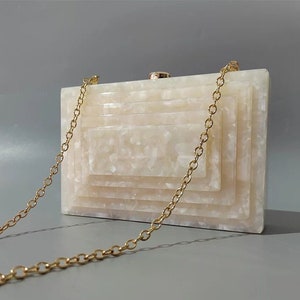 Pearl white acrylic clutch, Pearlescent white acrylic clutch, 3D Stair cut out acrylic clutch, Tortoise shell clutch, Bridal clutch