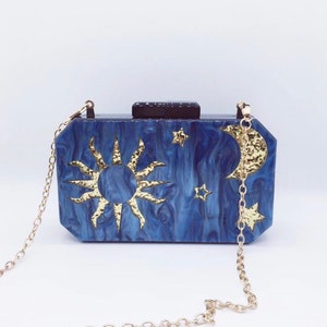 Moon and sun pearl blue acrylic long clutch with the acrylic chain, Cosmic landscape pearlescent acrylic clutch, Evening clutch