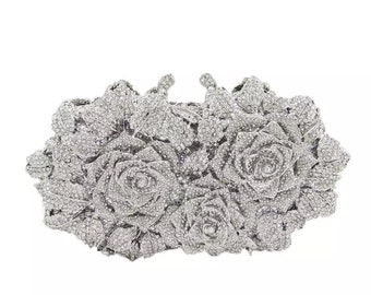 Triple rose flower hollow out crystal clutch, Silver crystal rhinestone clutch, Rose crystal clutch, Bridal wedding purse, clutch