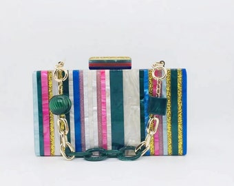 Multicolored striped acrylic clutch, Multicolored acrylic clutch, Pearlescent striped clutch, Retro clutch, Party clutch, Evening clutch