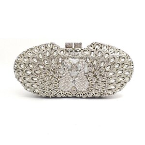 Silver crystal and rhinestone peacock clutch with the detachable chain, Bridal wedding clutch, Party clutch