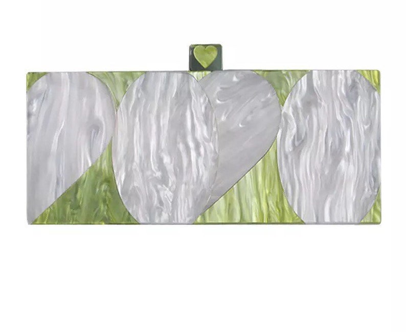 Heart pattern green and white long acrylic clutch with the acrylic strap and metal chain Retro acrylic clutch Evening clutch Party clutch