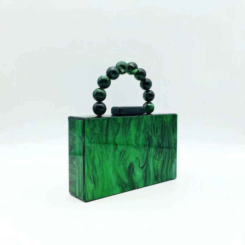 Emerald green acrylic tote bag with the ball strap, Emerald acrylic clutch, Vintage-inpired tote bag with the metal chain, Bridal clutch image 3