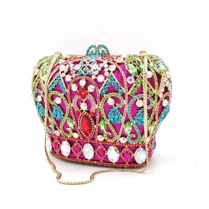 Crown shape multicolored crystal rhinestone clutch, Queen crown crystal clutch, Bridal clutch, Birthday clutch, Crystal evening clutch