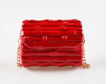 Wood clutch, Red bamboo wood clutch, Natural  wood clutch with the metal chain, Full handmade bamboo clutch, Minimalist clutch