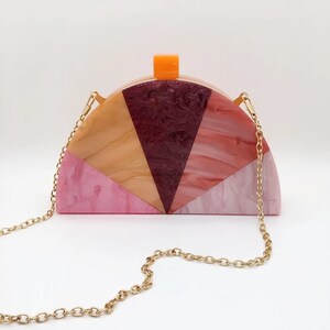 Multicolored pie half moon acrylic clutch with the gold chain, Orange and pink color mixed acrylic clutch, Evening Clutch, Party clutch